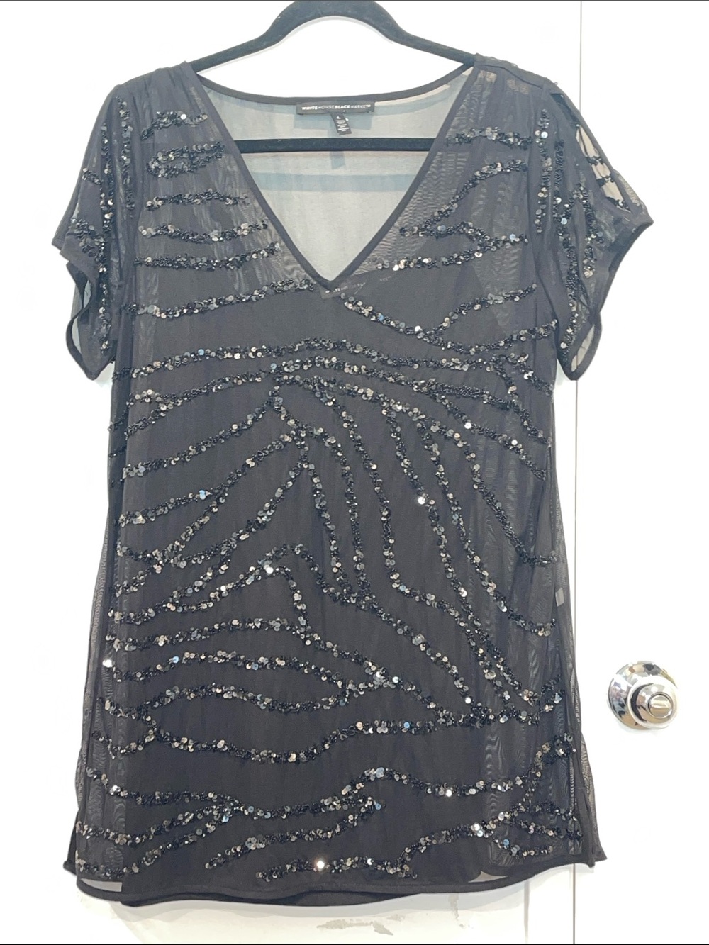 Embellished Black Sequin V-Neck Top -